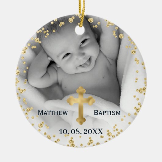 Gold Glitter Confetti Baby Baptisme Foto Keramisch Ornament (Voorkant)