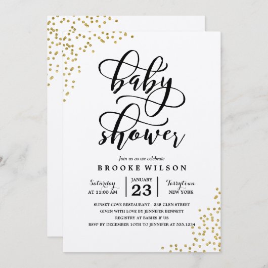 Gold Glitter Confetti Baby shower Uitnodiging (Voorkant / Achterkant)