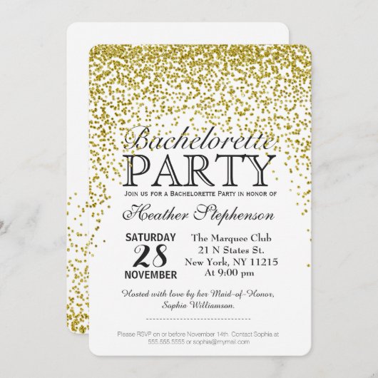 Gold Glitter Confetti Bachelorette Party nodigt ui Kaart (Voorkant / Achterkant)