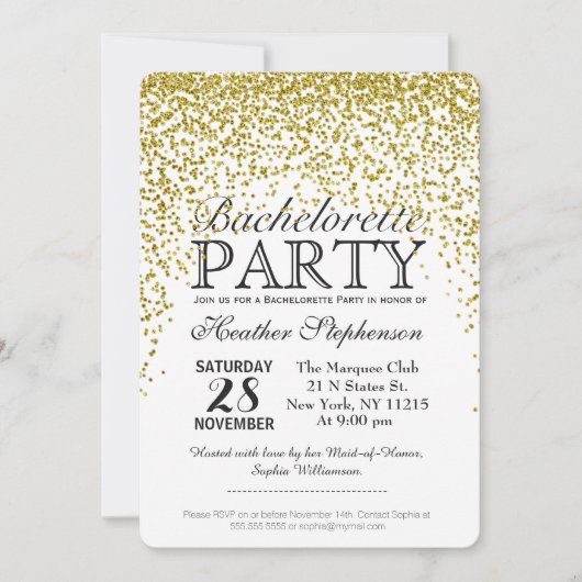 Gold Glitter Confetti Bachelorette Party nodigt ui Kaart (Voorkant)