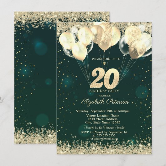 Gold Glitter Confetti Balloons Green 20th Birthday Kaart (Voorkant / Achterkant)
