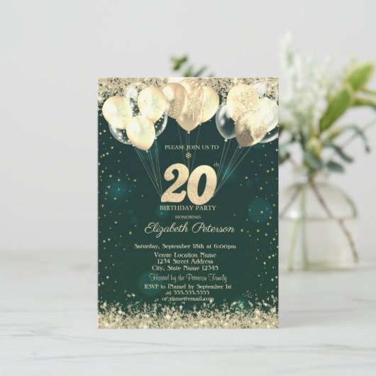Gold Glitter Confetti Balloons Green 20th Birthday Kaart (Staand voorkant)
