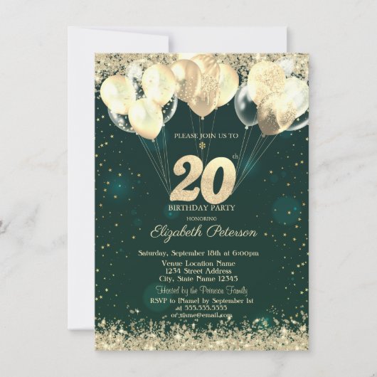 Gold Glitter Confetti Balloons Green 20th Birthday Kaart (Voorkant)