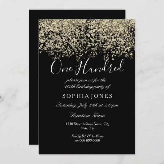 Gold Glitter Confetti Black 100e verjaardag Kaart (Voorkant / Achterkant)
