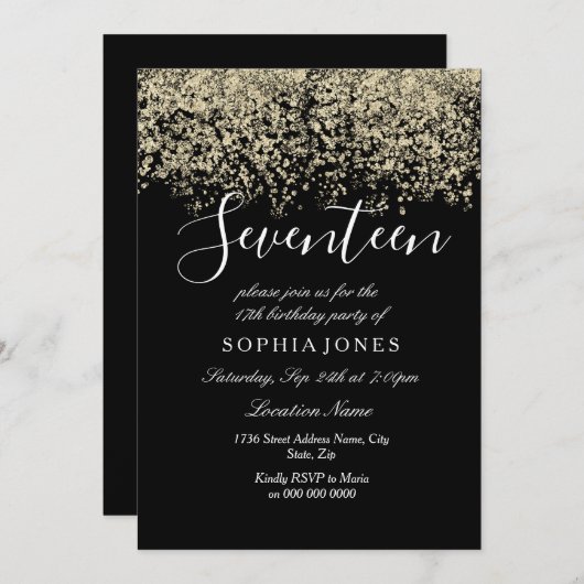 Gold Glitter Confetti Black 17e verjaardag Kaart (Voorkant / Achterkant)