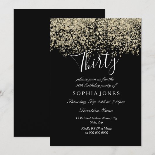 Gold Glitter Confetti Black 30e verjaardag Kaart (Voorkant / Achterkant)