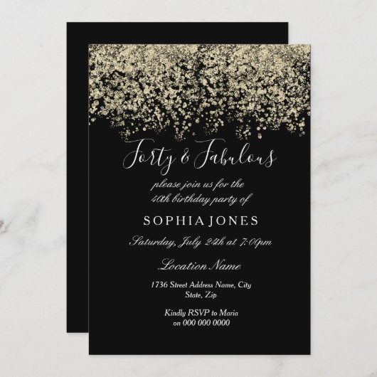 Gold Glitter Confetti Black 40e verjaardag Kaart (Voorkant / Achterkant)