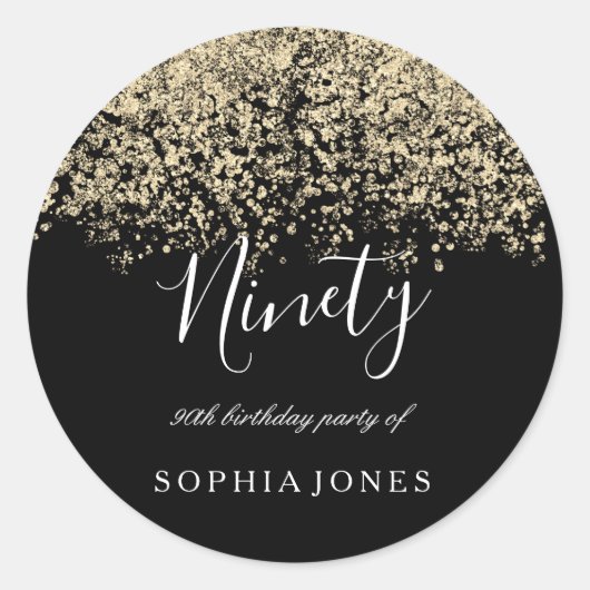 Gold Glitter Confetti Black, 90ste verjaardag Ronde Sticker (Voorkant)