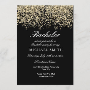 Gold Glitter Confetti Black Bachelor Party Kaart