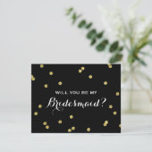Gold Glitter Confetti Black | bruidsmeisje Kaart (Staand voorkant)