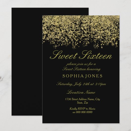 Gold Glitter Confetti Black Sweet 16 Kaart (Voorkant / Achterkant)