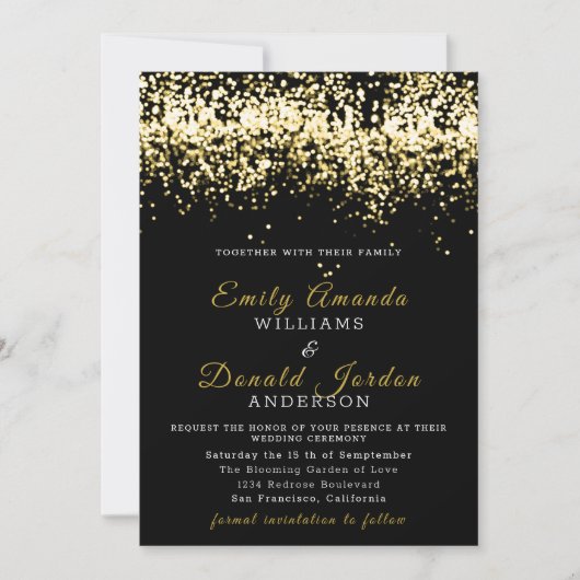 Gold Glitter Confetti Black Wedding Invitation Kaart (Voorkant)