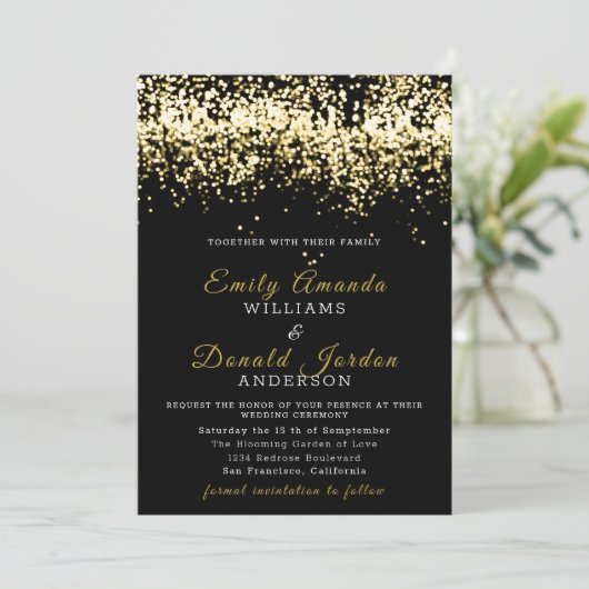Gold Glitter Confetti Black Wedding Invitation Kaart (Staand voorkant)