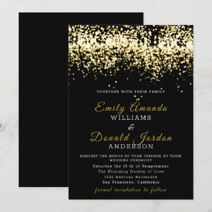 Gold Glitter Confetti Black Wedding Invitation Kaart