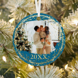 Gold Glitter Confetti Blue Family Metalen Ornament