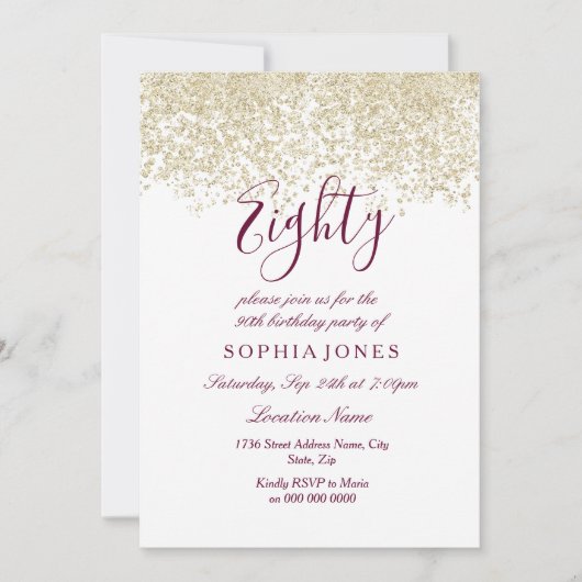 Gold Glitter Confetti Burgundy - 80ste verjaardag Kaart (Voorkant)