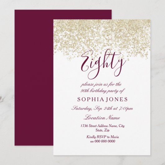 Gold Glitter Confetti Burgundy - 80ste verjaardag Kaart (Voorkant / Achterkant)