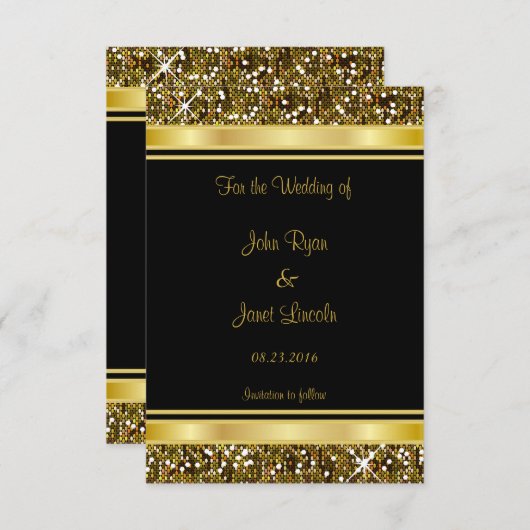 Gold Glitter Confetti en Black Elegance Save The Date (Voorkant / Achterkant)