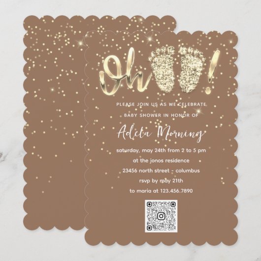 Gold Glitter Confetti Feet Baby Girl QR CODE Brown Kaart (Voorkant / Achterkant)