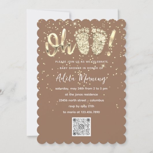Gold Glitter Confetti Feet Baby Girl QR CODE Brown Kaart (Voorkant)