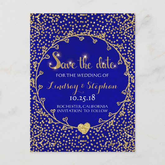 Gold Glitter Confetti Glam Cobalt Save the Date Aankondigingskaart (Voorkant)