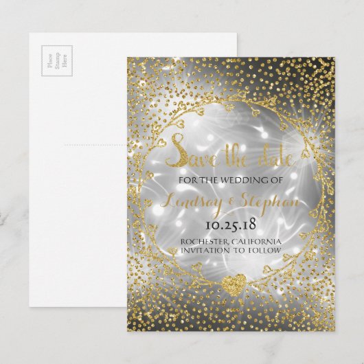 Gold Glitter Confetti Glam Fireworks slaat de datu Aankondigingskaart (Voorkant / Achterkant)
