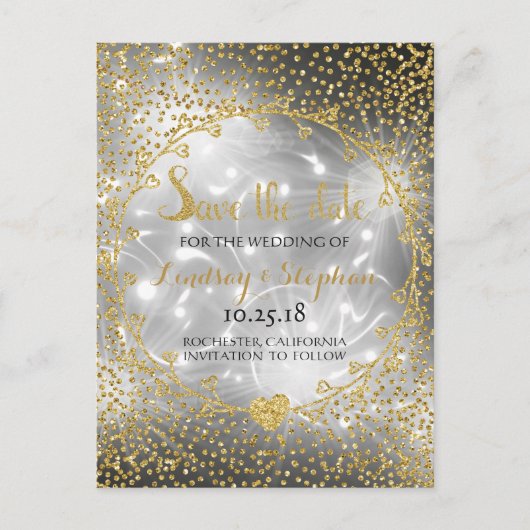 Gold Glitter Confetti Glam Fireworks slaat de datu Aankondigingskaart (Voorkant)