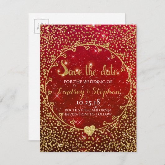 Gold Glitter Confetti Glam Red Save the Date Aankondigingskaart (Voorkant / Achterkant)