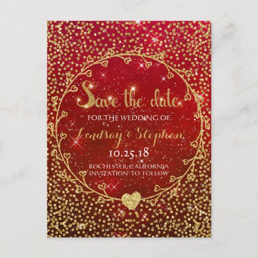 Gold Glitter Confetti Glam Red Save the Date Aankondigingskaart (Voorkant)