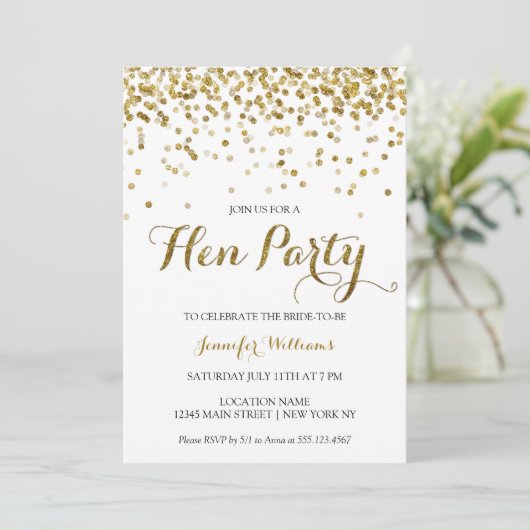 Gold Glitter Confetti Hens Party Invite Kaart (Staand voorkant)