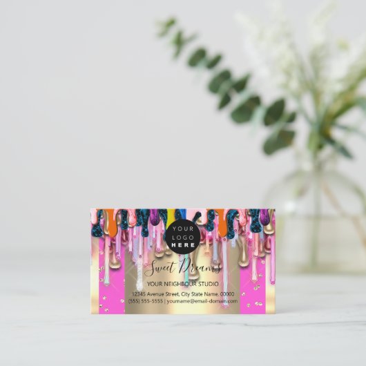 Gold Glitter Confetti Holograaf Roze Drip Lijst Visitekaartje (Staand voorkant)