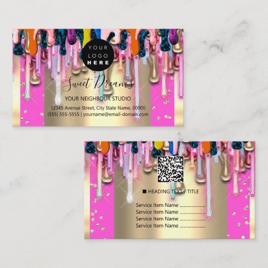 Gold Glitter Confetti Holograaf Roze Drip Lijst Visitekaartje (Voorkant / Achterkant)