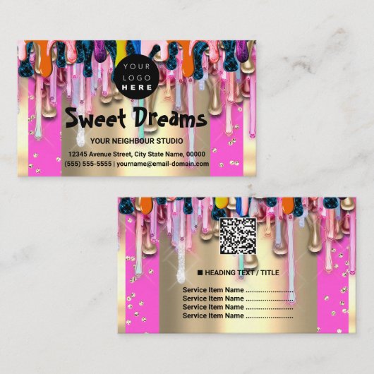 Gold Glitter Confetti Holograph Pink Drip Sweets Visitekaartje (Voorkant / Achterkant)