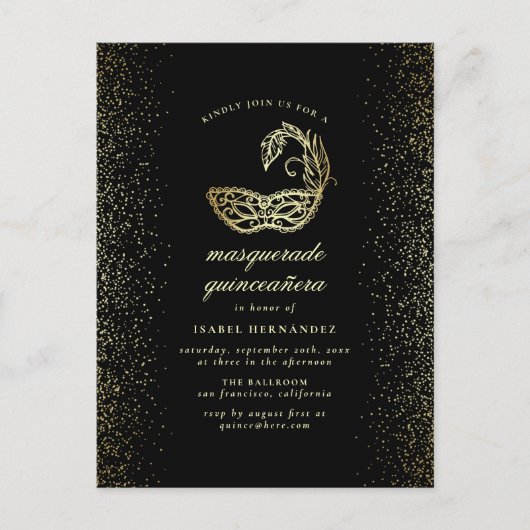 Gold Glitter Confetti Masquerade Quinceañera Uitnodiging Briefkaart (Voorkant)