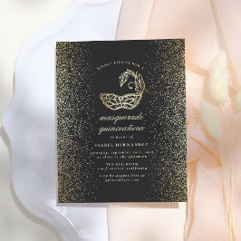 Gold Glitter Confetti Masquerade Quinceañera Uitnodiging Briefkaart