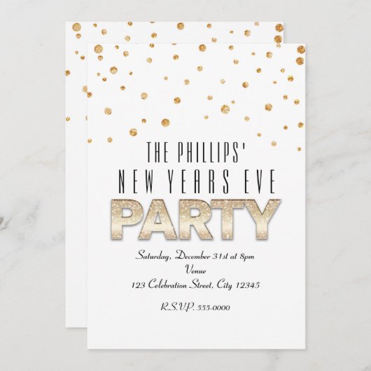 Gold Glitter & Confetti Moderne PARTIJ Uitnodiging (Voorkant / Achterkant)