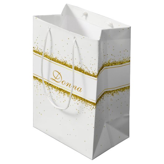 Gold Glitter Confetti Name - Medium Gift Bag Cadeauzakje (Voorkant Gekanteld)
