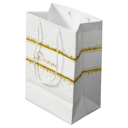 Gold Glitter Confetti Name - Medium Gift Bag Medium Cadeauzakje (Achterkant Gekanteld)
