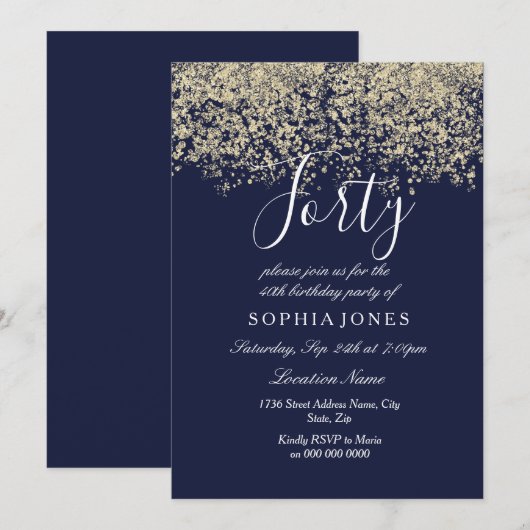 Gold Glitter Confetti Navy 40ste verjaardag Uitnod Kaart (Voorkant / Achterkant)