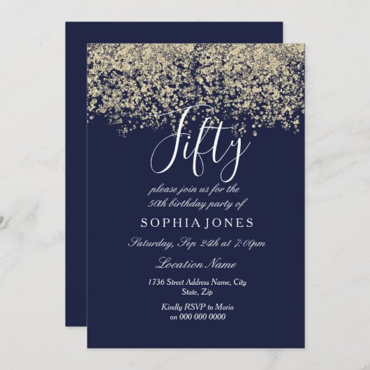 Gold Glitter Confetti Navy 50ste verjaardag Uitnod Kaart (Voorkant / Achterkant)