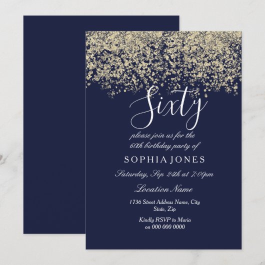 Gold Glitter Confetti Navy, 60ste verjaardag Uitno Kaart (Voorkant / Achterkant)
