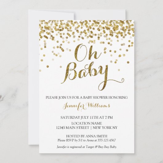 Gold Glitter Confetti Oh Baby, Baby shower nodigt  Kaart (Voorkant)