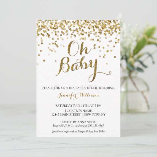 Gold Glitter Confetti Oh Baby, Baby shower nodigt  Kaart (Staand voorkant)