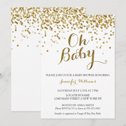 Gold Glitter Confetti Oh Baby, Baby shower nodigt  Kaart (Voorkant / Achterkant)