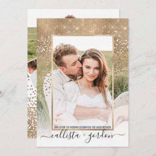 Gold Glitter Confetti Ombre Fotocollage Wedding Kaart (Voorkant / Achterkant)