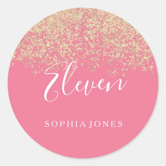 Gold Glitter Confetti Pink 11e verjaardag Ronde Sticker (Voorkant)
