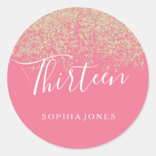 Gold Glitter Confetti Pink 13de verjaardag Ronde Sticker