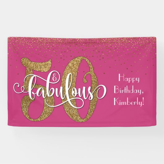 Gold Glitter Confetti Pink 50 & Fabulous Birthday Spandoek (Horizontaal)