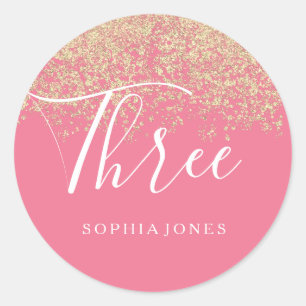 Gold Glitter Confetti Pink derde verjaardag Ronde Sticker