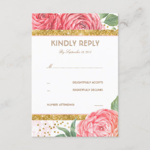 Gold Glitter Confetti Pink Floral Wedding RSVP